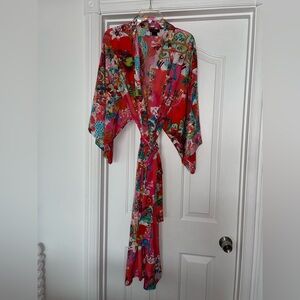 Natori Floral Kimono Sleeve Open Front Waist Tie Robe Size L